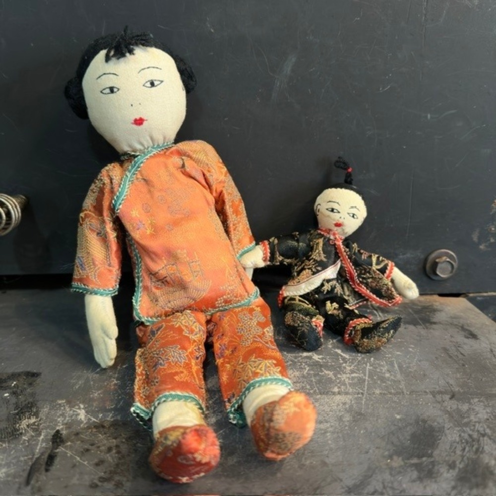 Vintage Chinese Cloth Dolls Set of 2 Orange Black Silk Brocade Folk‎ Art 12in